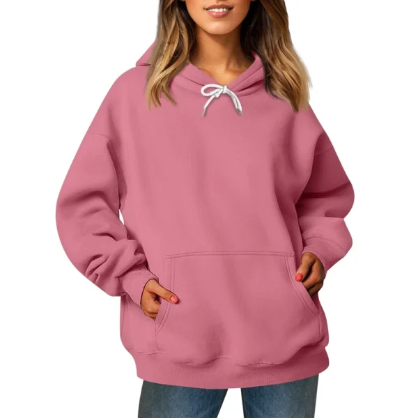 Ladies' Fashionable Casual Long Sleeved Round Neck Hooded Solid Color Hoodie - Image 4