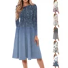 Women's Casual Fashion Round Neck Long Sleeve Print Midi Dress