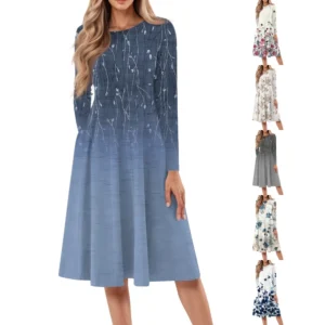 Women's Casual Fashion Round Neck Long Sleeve Print Midi Dress