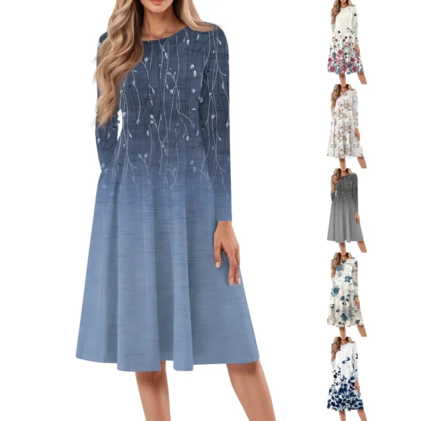 Women's Casual Fashion Round Neck Long Sleeve Print Midi Dress