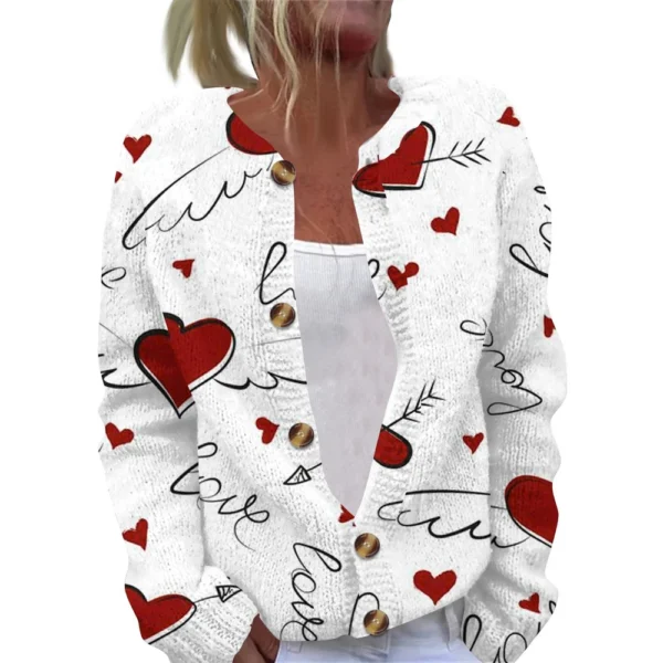 Women's Fashion Printed Valentine's Day Long Sleeved Knitted Cardigan Button - Image 4
