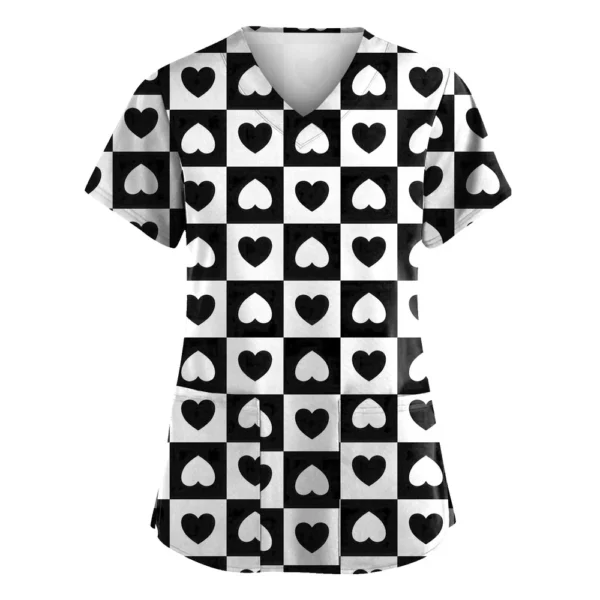 Women's Valentine's Day Printed  Uniform Work Uniform V-Neck Pocket Protective - Image 13