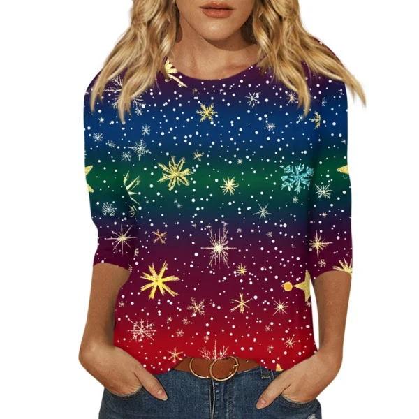 Ladies Loose Printed Casual T-Shirt Round Neck 3/4 Sleeve Christmas Women's Top - Image 6