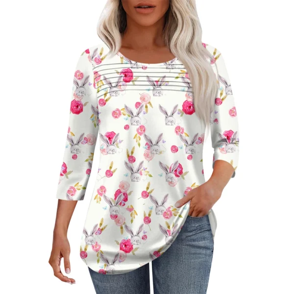 Women's Fashion Round Neck Pleated Front Placket Print 3/4 Sleeve Top - Image 28