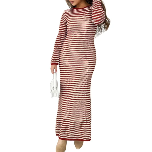 Women's Casual Striped Long Sleeved Sweater Dress, Mid Length Dress, Slim Fit - Image 2