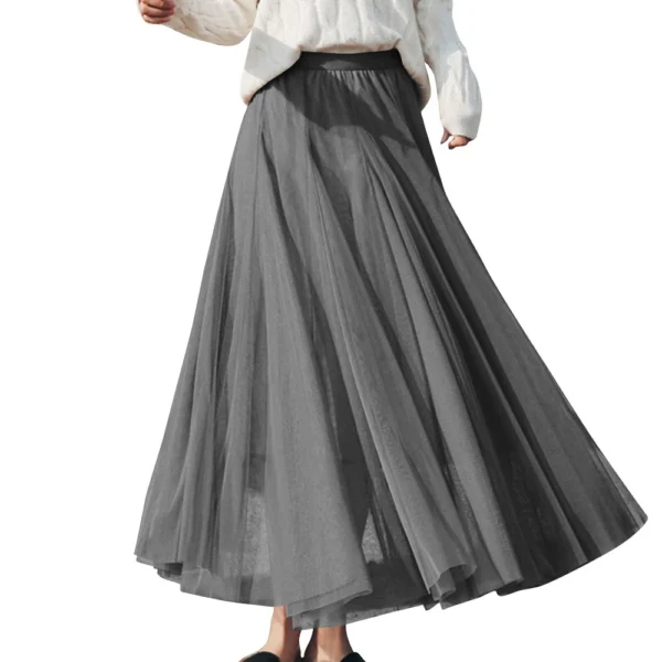 Women's Solid Color Mesh Skirt With Elastic Band Large Swing Mid Length Skirt - Image 8