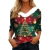 Women's V Neck Christmas Party Top Fleece Collar Shirt Long Sleeve T Shirt - Image 7