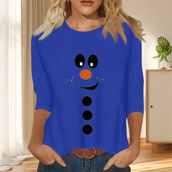 Women's Christmas Casual Round Neck T-Shirt Printed 3/4 Sleeve Loose Ladies Top - Image 28
