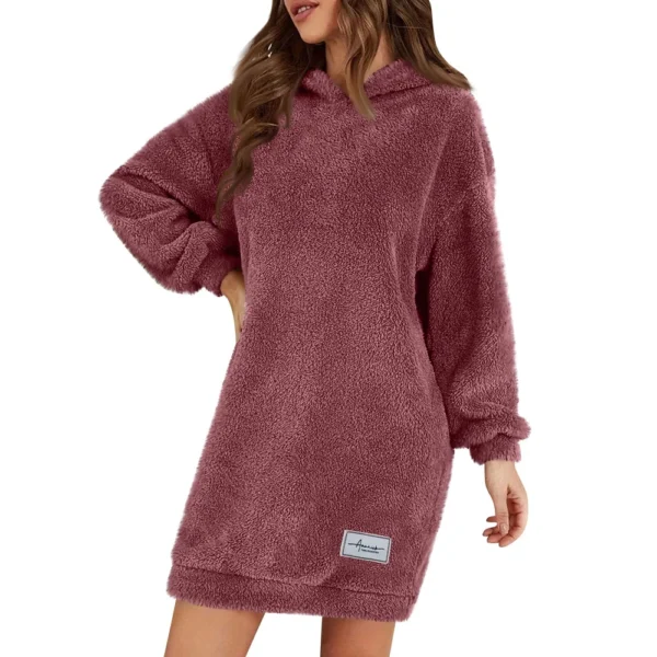 Women's Fashion Hooded Long Sleeve Plush Dress Solid Color Casual Sweatshirt - Image 43