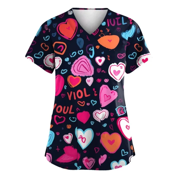 Women's Valentine's Day Printed  Uniform Work Uniform V-Neck Pocket Protective - Image 6