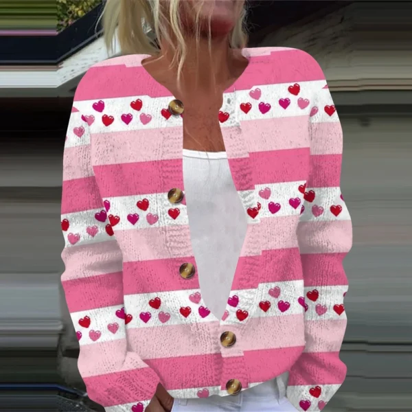 Women's Fashion Printed Valentine's Day Long Sleeved Knitted Cardigan Button - Image 16