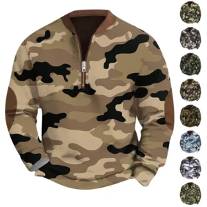 Men's Fashion Casual Half Zip Neck Loose Long Sleeve Camouflage Sweatshirt