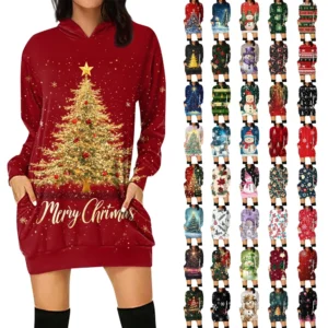 Ladies' Loose Casual Pocket Long Sleeved Hoodie Christmas Printed Sweatshirt
