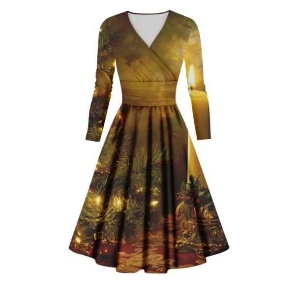 Women's Printed V-Neck Christmas Casual Fashion Long Sleeve Slim Dresses - Image 26