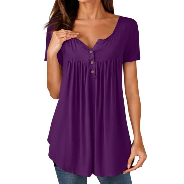 Women Tunic Tops Dressy Casual Summer Short Sleeve Shirts Loose Fit Pleated - Image 32
