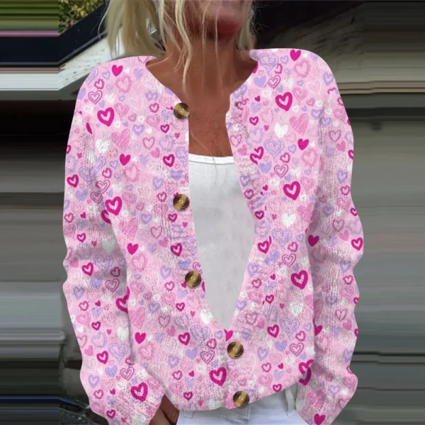 Women's Fashion Printed Valentine's Day Long Sleeved Knitted Cardigan Button - Image 22