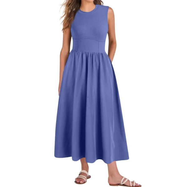 Women's Casual Fashion Round Neck Sleeveless Solid Irregular Hem Midi Dress - Image 4