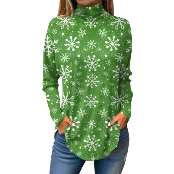 Women's Casual Printed High Neck Fashion Long Sleeve Pullover Christmas T-Shirt - Image 23