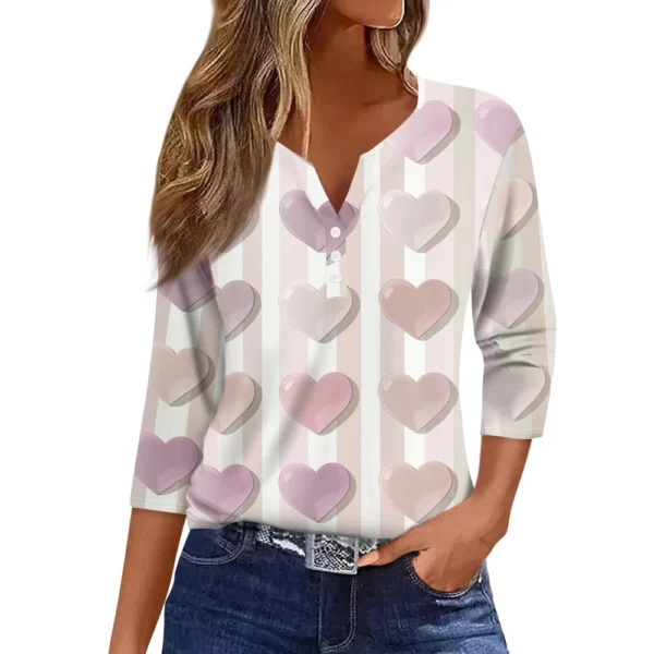 Women's T Shirt Tee Valentine's Day Print Button 3/4 Sleeve Daily Weekend - Image 32