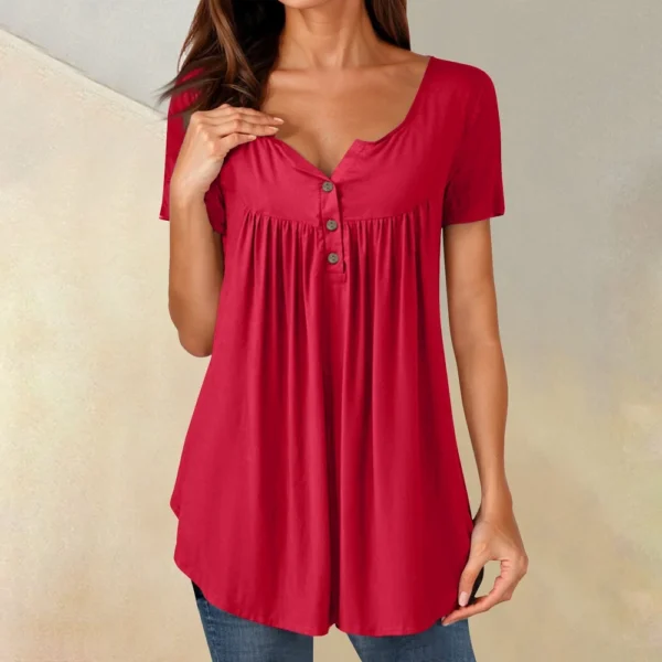 Women Tunic Tops Dressy Casual Summer Short Sleeve Shirts Loose Fit Pleated - Image 49