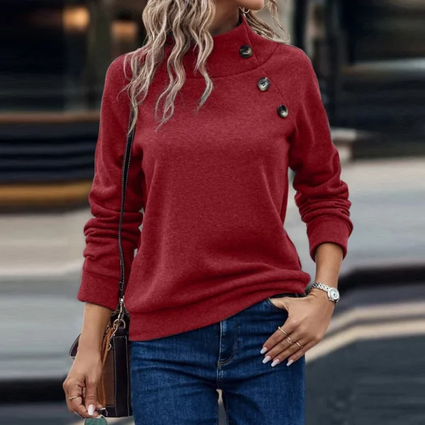 Women's Fashion Casual Solid Color High-neck Button Loose Long-sleeved Hoodie - Image 24
