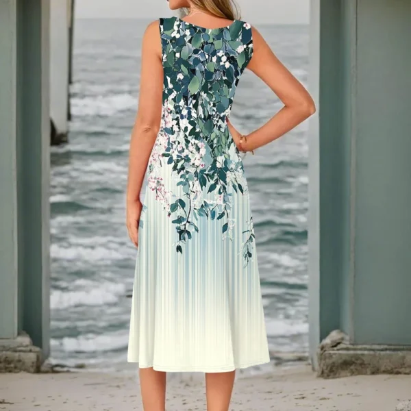 Women's Casual Fashion Floral Print Round Neck Sleeveless Solid Color Midi Dress - Image 9