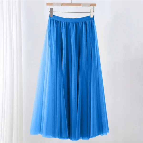 Women's Solid Color Mesh Skirt With Elastic Band Large Swing Mid Length Skirt - Image 34