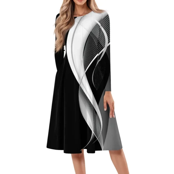 Women's Casual Fashion Round Neck Long Sleeve Print Midi Dress - Image 14