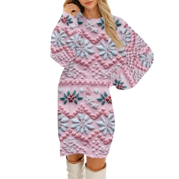Women's Round Neck Casual Long Sleeve Plush Christmas Printed Dresses - Image 11