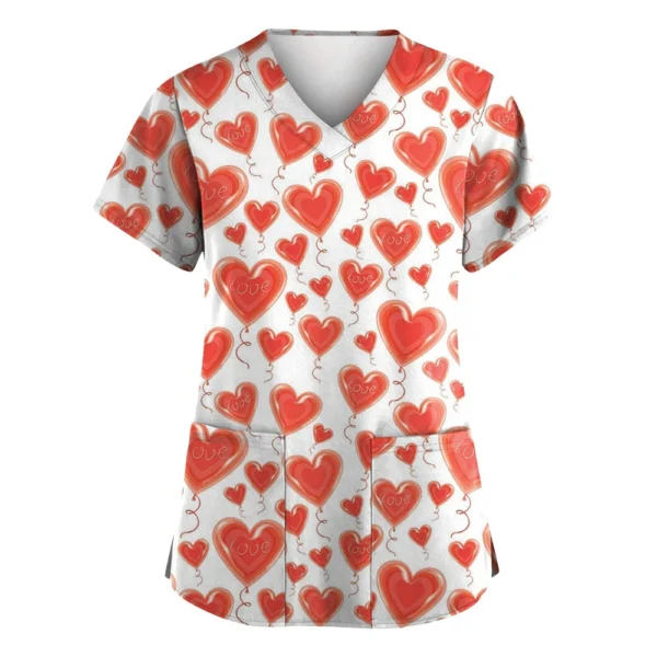 Women's Valentine's Day Printed  Uniform Work Uniform V-Neck Pocket Protective - Image 26