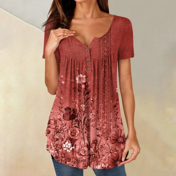 Women Tunic Tops Dressy Casual Summer Short Sleeve Shirts Loose Fit Pleated - Image 40