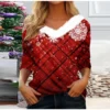 Women's V Neck Christmas Party Top Fleece Collar Shirt Long Sleeve T Shirt - Image 31