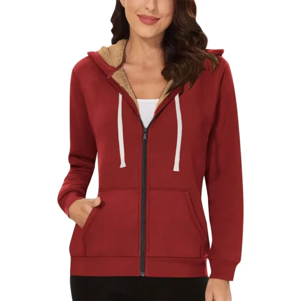 Lined Jacket Women Flannel Winter Warm Fleece Zip Up Hooded With Side Pockets - Image 28
