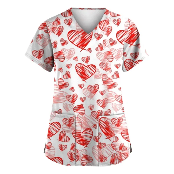 Women's Valentine's Day Printed  Uniform Work Uniform V-Neck Pocket Protective - Image 2