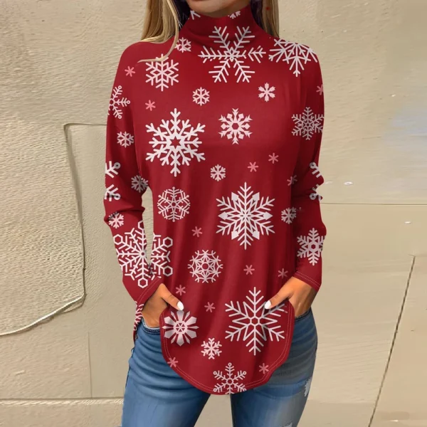 Women's Casual Christmas High Neck Pullover Long Sleeve Printed Fashion T-Shirt - Image 16
