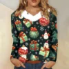 Women's Loose Casual Long Sleeved Christmas Printed Plush Collar V Neck Top, - Image 13