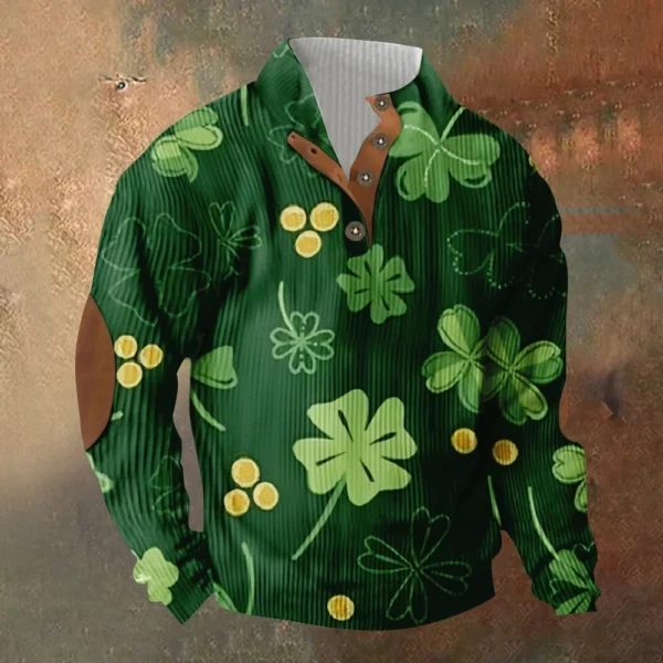 Knit Printed 3 Button - Corduroy Men's Standing Collar Pocket Sweatshirt - Image 13