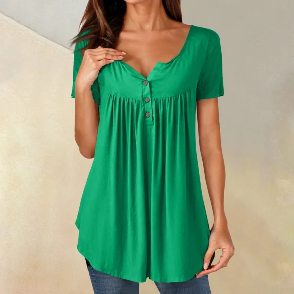 Women Tunic Tops Dressy Casual Summer Short Sleeve Shirts Loose Fit Pleated - Image 34