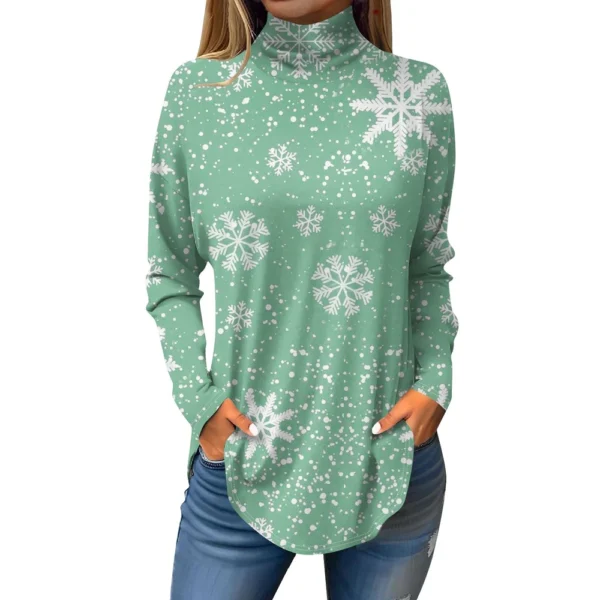 Women's Casual Printed High Neck Fashion Long Sleeve Pullover Christmas T-Shirt - Image 26