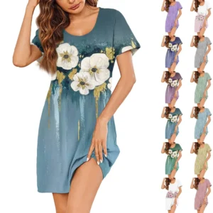 Womens Summer Dresses Short Sleeve Linen Casual T-Shirt Dresses Swing Beach