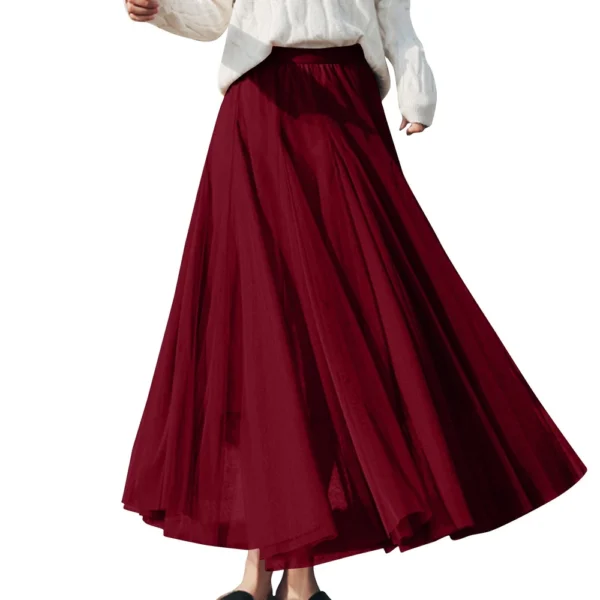Women's Solid Color Mesh Skirt With Elastic Band Large Swing Mid Length Skirt - Image 38