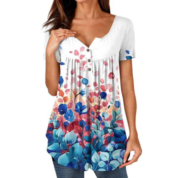 Women Tunic Tops Dressy Casual Summer Short Sleeve Shirts Loose Fit Pleated - Image 35