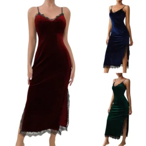 Ladies' Sexy Deep V-velvet Lace Long Suspender Home Nightgown