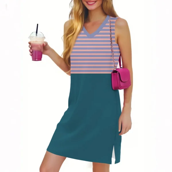 Women's Casual Fashion Sexy V-neck Sleeveless Striped Hem Slit Dress - Image 6