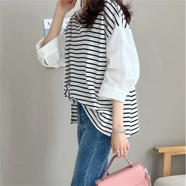 Women's Loose Striped Shirt Collar Women's Top - Image 4