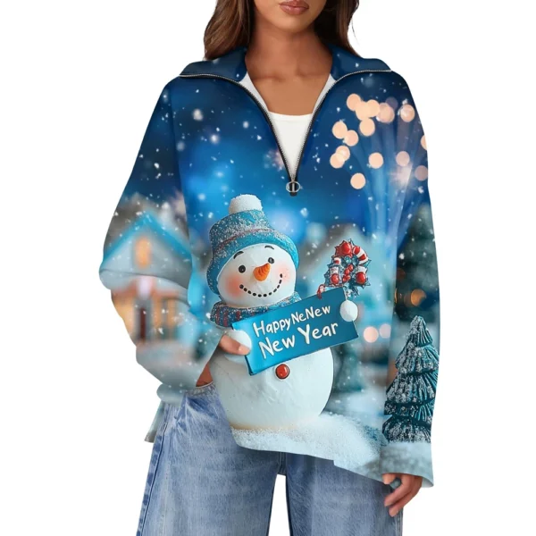 Women's Casual Half Zipper Lapel Christmas Printed Pullover Top Side Slit - Image 23