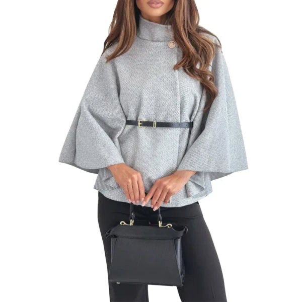 Women's Fashion Solid Waist Tie Woolen Cape Coat - Image 4