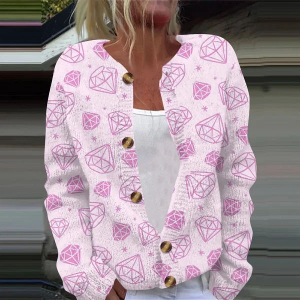 Women's Fashion Printed Valentine's Day Long Sleeved Knitted Cardigan Button - Image 19