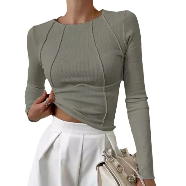 Solid Color Slim Long Sleeve Crew Neck T-Shirt Women - Image 5