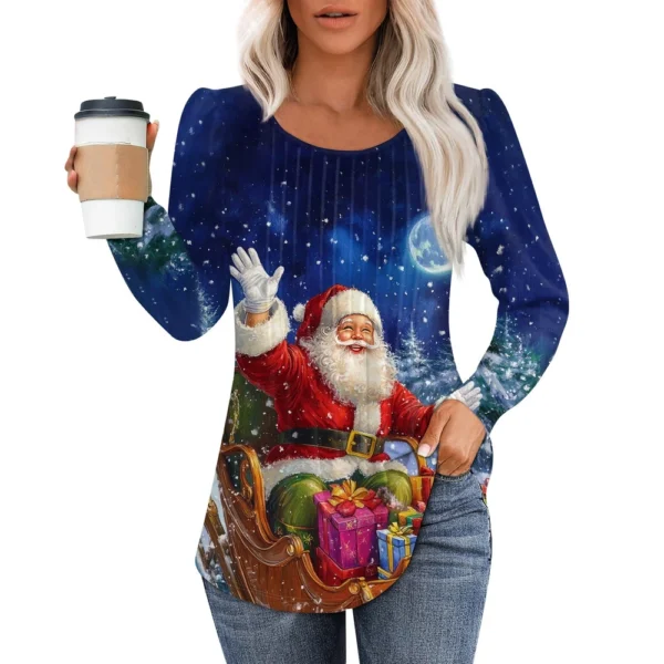 Women's Printed Christmas Top Round Neck Casual Pleated Long Sleeved T-Shirt - Image 17